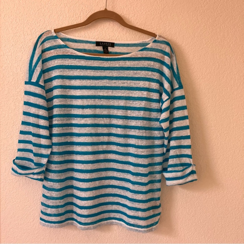 Lauren Ralph Lauren Teal and White Striped Long Sleeve Linen Top used good